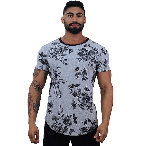 Camiseta Longline Fullprint Masculina MXD Conceito Floral Acinzentado