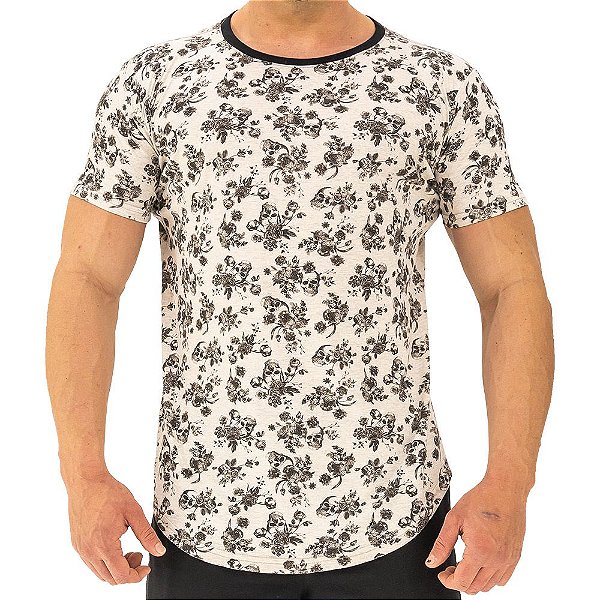 Camiseta Longline Fullprint Masculina MXD Conceito Flores e Caveiras