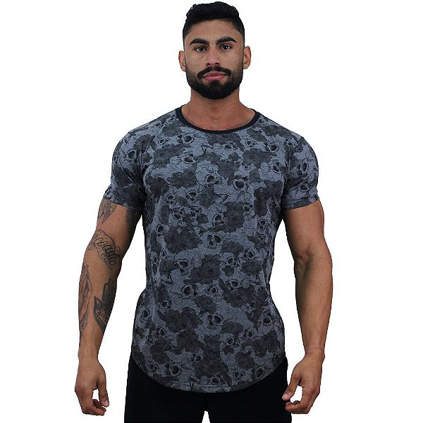 Camiseta Longline Fullprint Masculina MXD Conceito Roses and Skull Dark