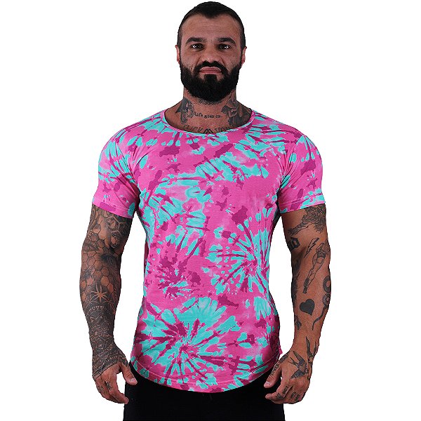 Camiseta Longline Fullprint Masculina MXD Conceito Tie Dye Rosa