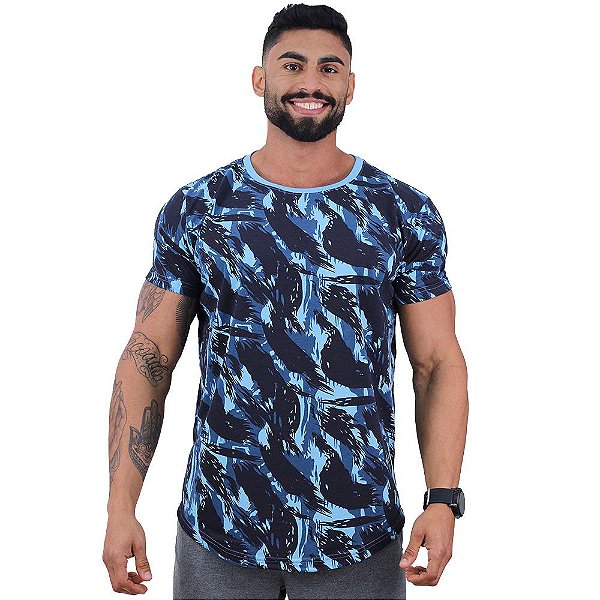 Camiseta Longline Malha PV Poliviscose Masculina MXD Conceito Pinceladas Azuis