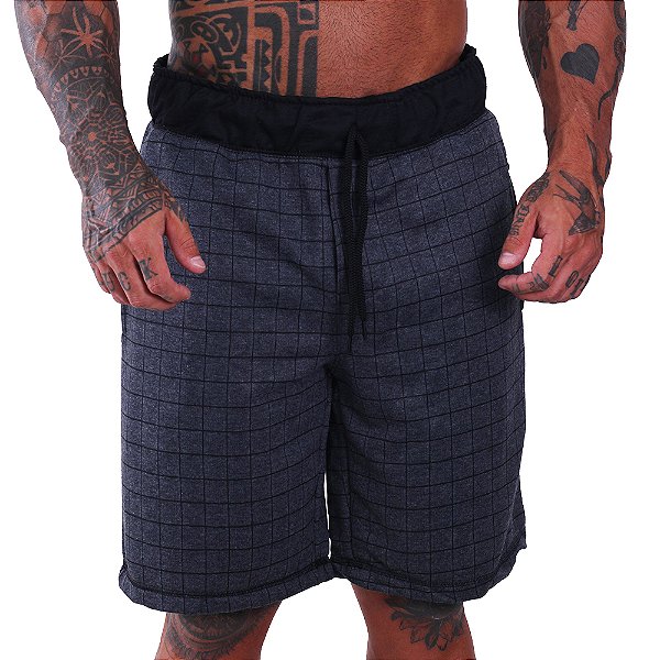 Bermuda Masculina Moletom MXD Conceito Quadriculado Mescla Preto