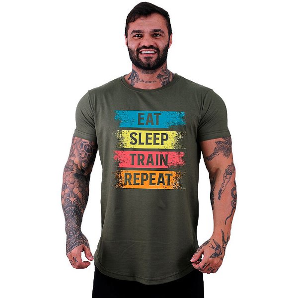 Camiseta Longline Masculina Manga Curta MXD Conceito Eat Sleep Train Repeat