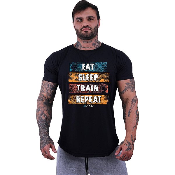 Camiseta Longline Masculina Manga Curta MXD Conceito Eat Sleep Train Repeat