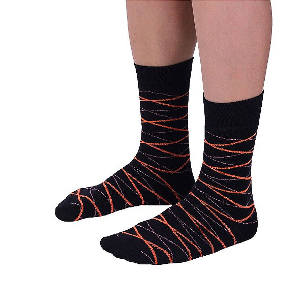 Meia Masculina Cano Alto Casual Fun Listrado Laranja