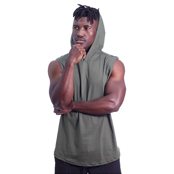 Regata Machão com Capuz Longline MXD Conceito 100% Algodão Verde Musgo Militar