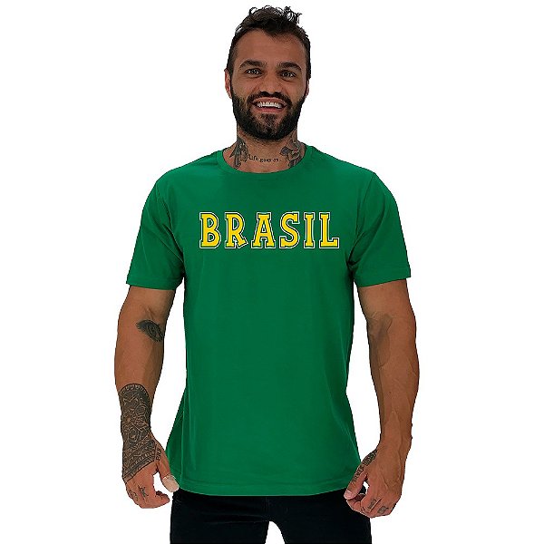Camiseta Tradicional Masculina MXD Conceito Escrita Brasil Amarelo