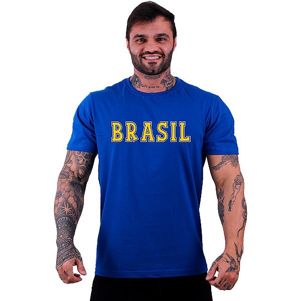 Camiseta Tradicional Masculina MXD Conceito Escrita Brasil Amarelo