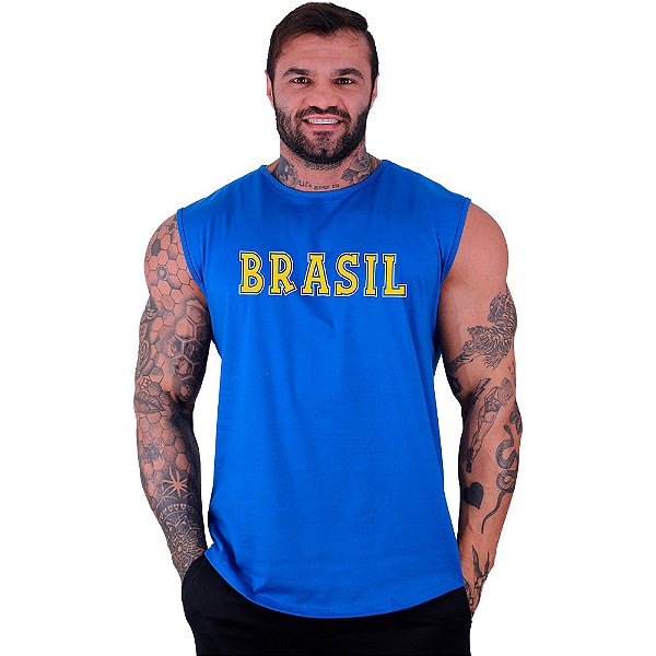 Regata Longline Machão Masculina MXD Conceito Escrita Brasil Amarelo