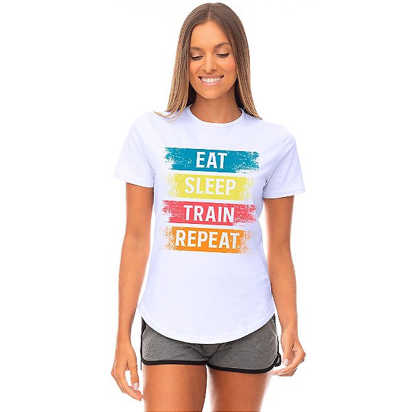 Camiseta Longline Feminina MXD Conceito Eat Sleep Train Repeat