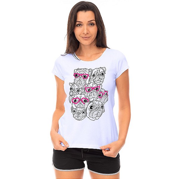 Camiseta Babylook Feminina MXD Conceito Pugs Com Óculos e Sem Óculos