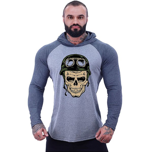Camiseta Manga Longa Longline Com Touca MXD Conceito Caveira Soldado
