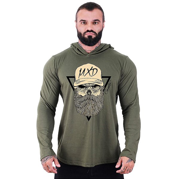 Camiseta Manga Longa Longline Com Touca MXD Conceito Caveira Lenhador