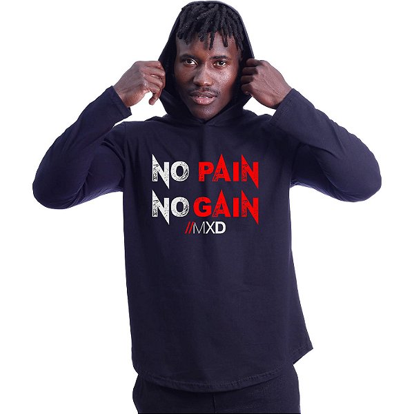 Camiseta Manga Longa Longline Com Touca MXD Conceito NO PAIN NO GAIN corroído