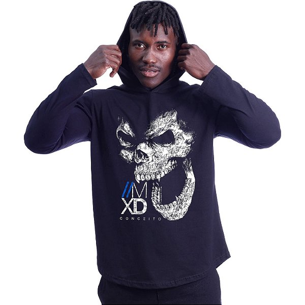 Camiseta Manga Longa Longline Com Touca MXD Conceito Skull Monkey