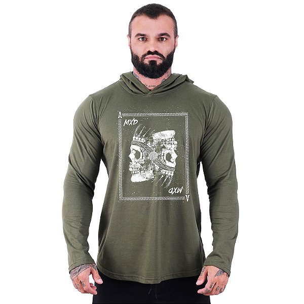 Camiseta Manga Longa Longline Com Touca MXD Conceito Card Skull