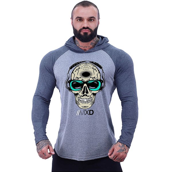 Camiseta Manga Longa Longline Com Touca MXD Conceito Caveira Mexicana