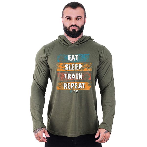 Camiseta Manga Longa Longline Com Touca MXD Conceito Eat, Sleep, Train, Repeat