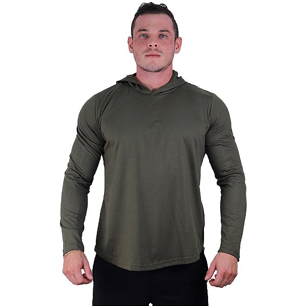 Camiseta Manga Longa Longline Com Touca MXD Conceito Verde Militar