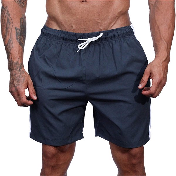 Short Tactel Listrado Elastic Masculino MXD Conceito 3 Bolsos Chumbo Com Listra Branca