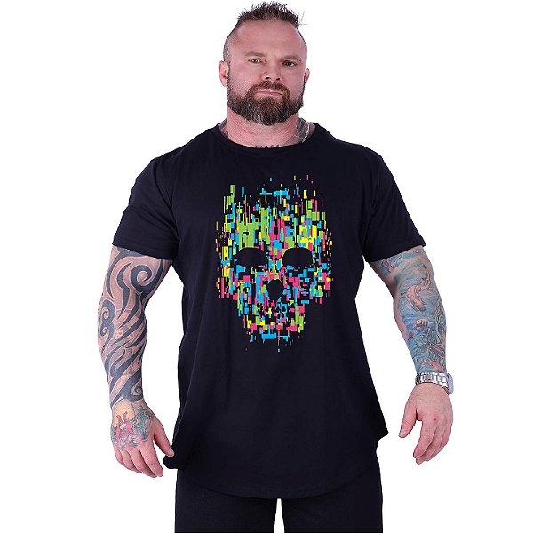 Camiseta Longline Estampada Plus Size MXD Conceito Manga Curta Caveira Pixel