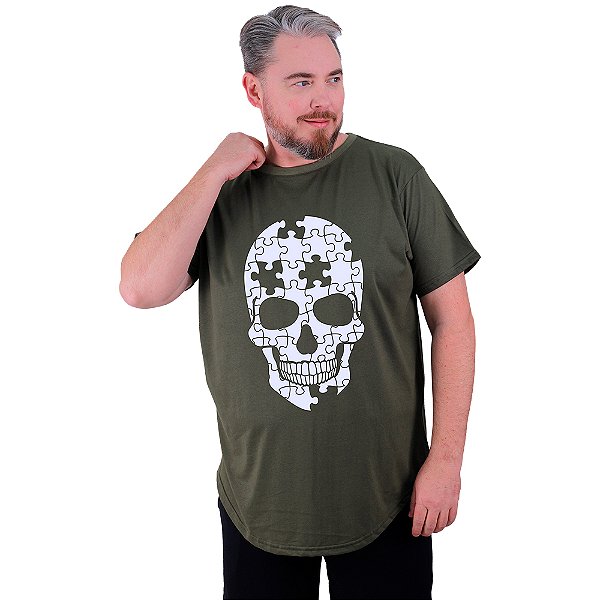 Camiseta Longline Estampada Plus Size MXD Conceito Manga Curta Skull Puzzle