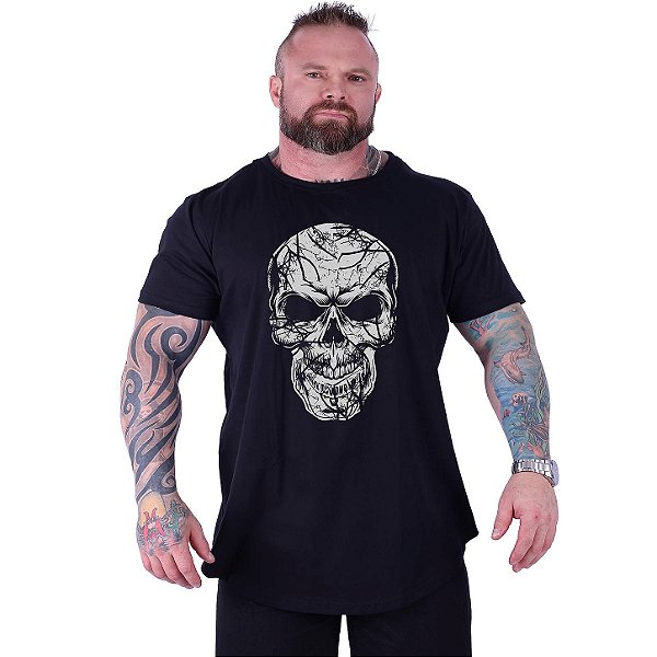 Camiseta Longline Estampada Plus Size MXD Conceito Manga Curta Caveira Estilhaços