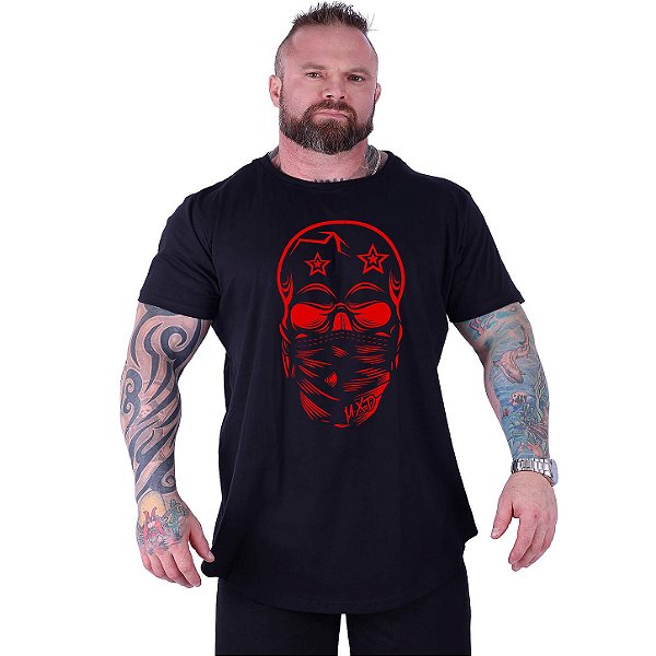 Camiseta Longline Estampada Plus Size MXD Conceito Manga Curta Red Punk Skull