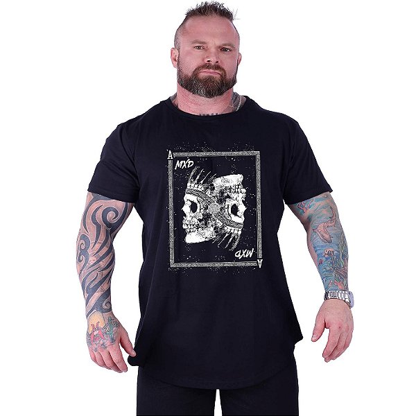 Camiseta Longline Estampada Plus Size MXD Conceito Manga Curta Skull Card