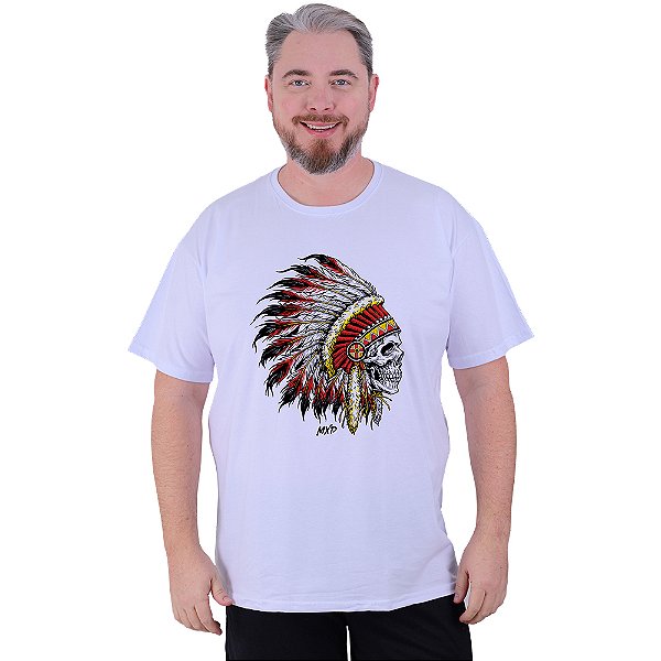 Camiseta Tradicional Estampada Plus Size Curta MXD Conceito Caveira Índio Cocar