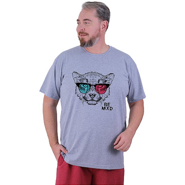 Camiseta Tradicional Estampada Plus Size Curta MXD Conceito Felino De Óculos 3D
