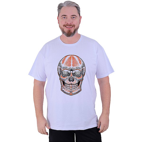 Camiseta Tradicional Estampada Plus Size Curta MXD Conceito Caveira Laranja