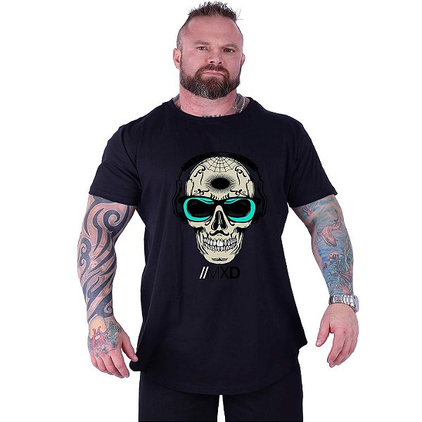 Camiseta Longline Estampada Plus Size MXD Conceito Manga Curta Caveira Popstar