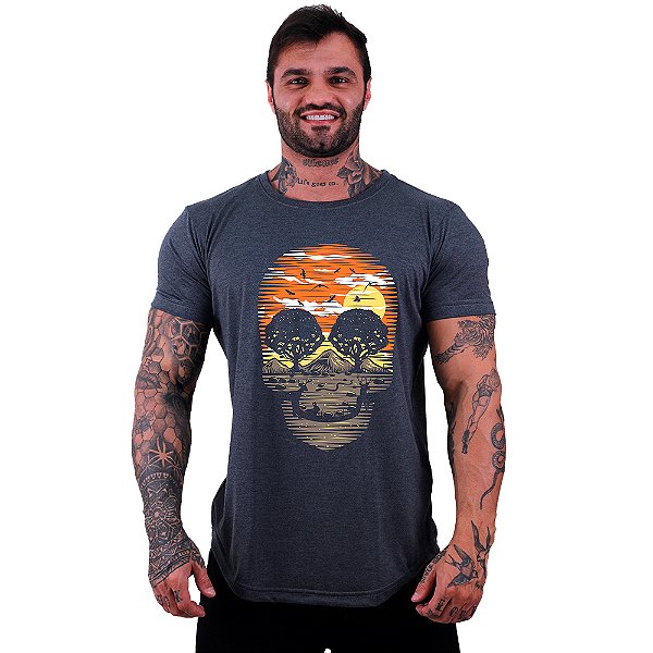 Camiseta Longline Manga Curta MXD Conceito Paisagem Caveira