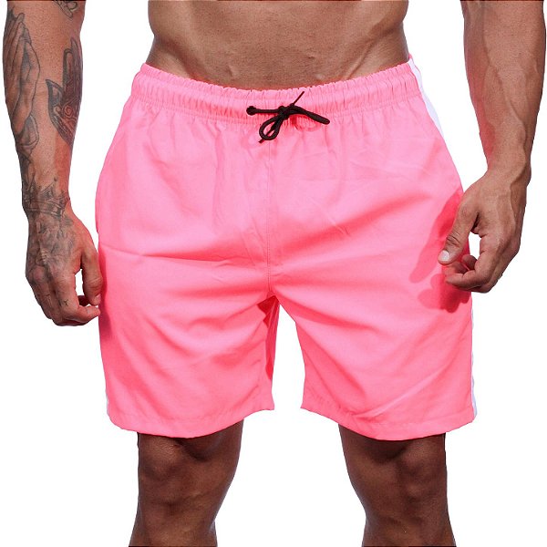 Short Tactel Listrado Elastic Masculino MXD Conceito 3 Bolsos Rosa Fluorescente Neon Com Listra Branca