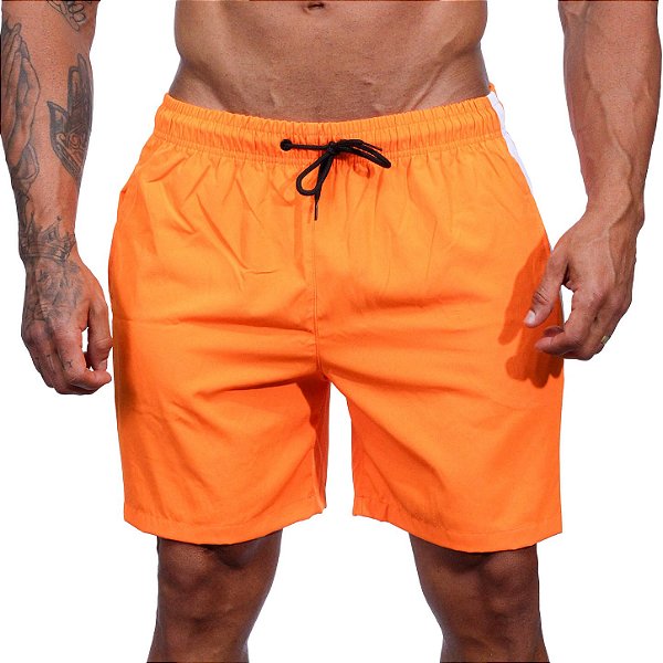 Short Tactel Listrado Elastic Masculino MXD Conceito 3 Bolsos Laranja Fluorescente Neon Com Listra Branca