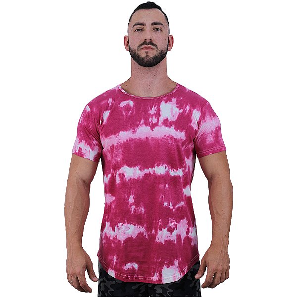 Camiseta Longline Fullprint Masculina MXD Conceito Tie Dye Rosa Ondas