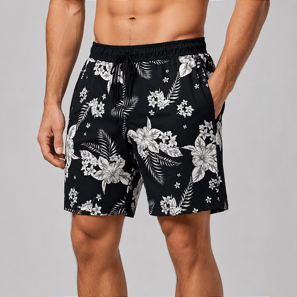 Bermuda Masculina Moletom MXD Conceito Preta Flores e Folhagem
