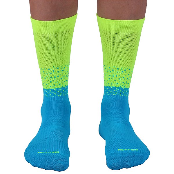 Meia Masculina Cano Alto de Alta Compressão Esportiva MXD Conceito Bicolor Azul e Amarelo Neon