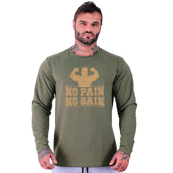 Camiseta Manga Longa Moletinho MXD Conceito No Pain No Gain Fisiculturista