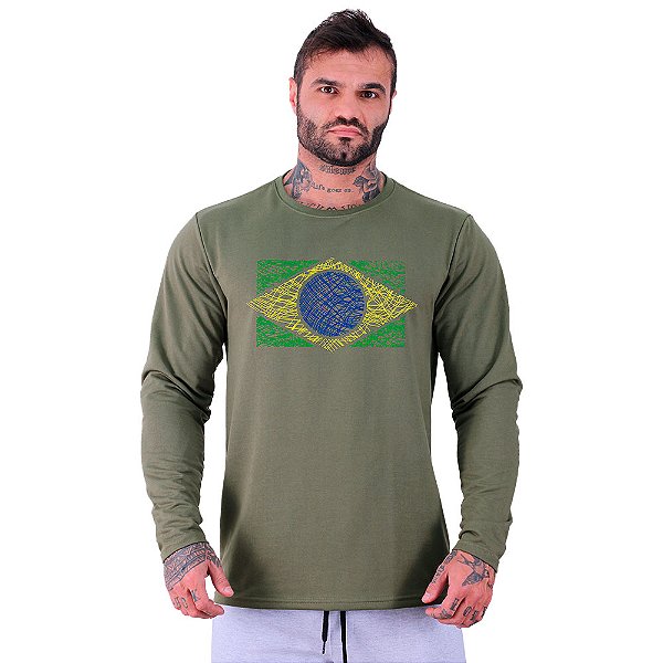 Camiseta Manga Longa Moletinho MXD Conceito Brasil Bandeira Riscada