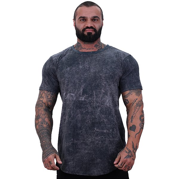 Camiseta Longline 100% Algodão Masculina MXD Conceito Lavado Estonado em Rolo Cinza Escuro