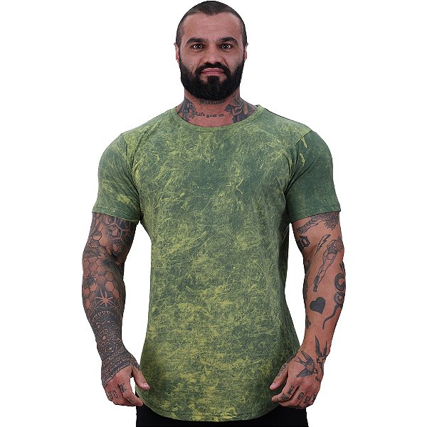 Camiseta Longline 100% Algodão Masculina MXD Conceito Lavado Estonado em Rolo Verde Escuro