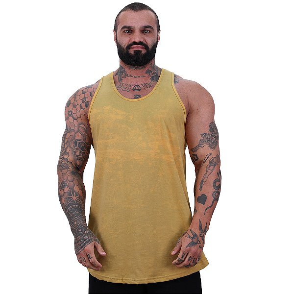 Regata Longline 100% Algodão Masculina MXD Conceito Lavado Estonado em Rolo Amarelo