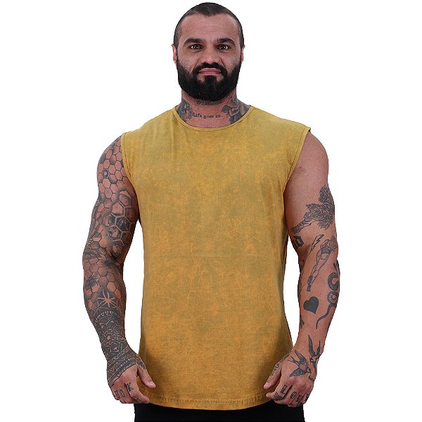 Regata Machão Longline 100% Algodão Masculina MXD Conceito Lavado Estonado em Rolo Amarelo