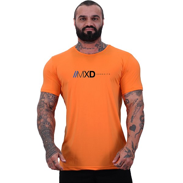 Camiseta Tradicional MXD Conceito Estampado Logo Dry Fit 90% Poliéster 10% Elastano UV50+ MultiFresh Acab. Liso Laranja