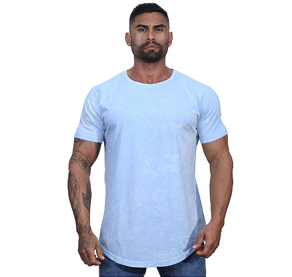 Camiseta Longline 100% Algodão Masculina MXD Conceito Lavado Estonado em Rolo Azul Bebe