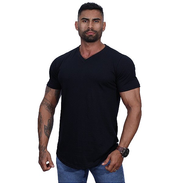 Camiseta Longline Decote V Masculina MXD Conceito 100% Algodão 30.1 Penteado PIMA-USA Preto