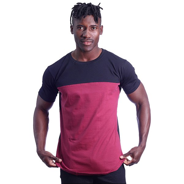 Camiseta Longline 100% Algodão Masculina MXD Conceito Bicolor Preto e Vermelho