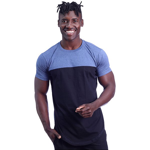 Camiseta Longline 100% Algodão Masculina MXD Conceito Bicolor Azul Petróleo e Preto